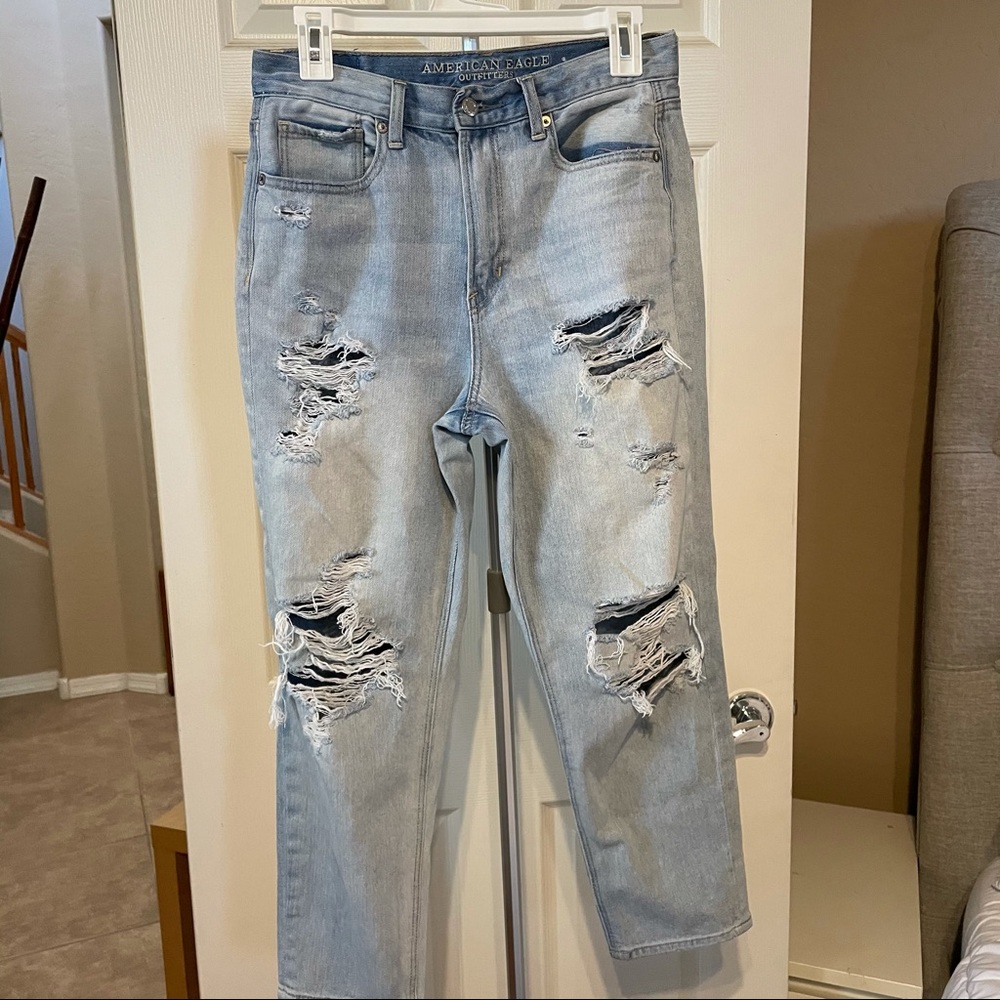 AE light wash distressed mom jeans